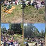 dzieci siedzą na kocach piknikowych